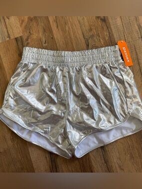 NWT PESION Metallic Silver Shiny Shorts - Sparkly Rave/Disco Hot Pants - Size S